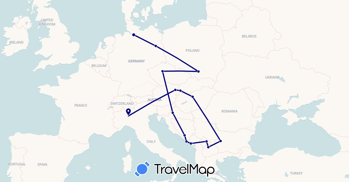 TravelMap itinerary: driving in Austria, Bosnia and Herzegovina, Bulgaria, Czech Republic, Germany, Croatia, Hungary, Italy, Montenegro, Macedonia, Poland, Slovakia, Kosovo (Europe)